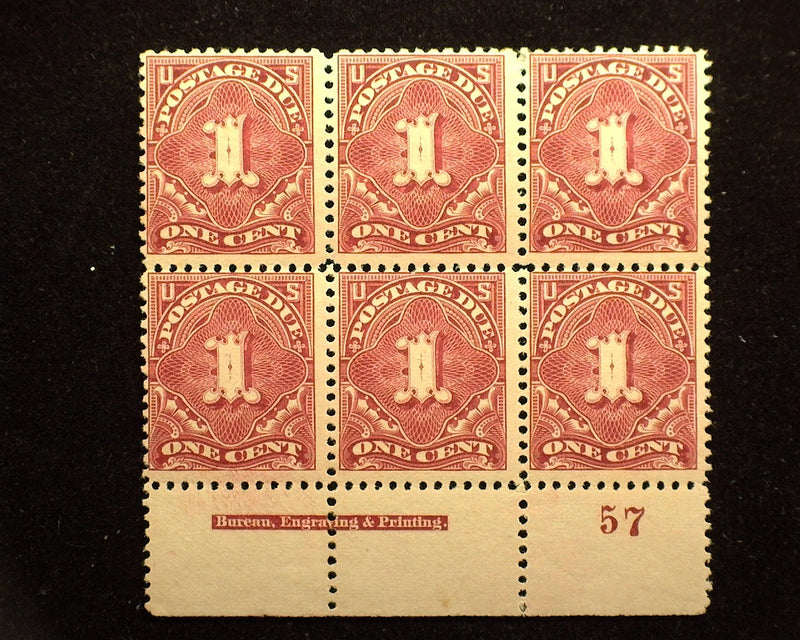 #J38 1c Postage Due Plate block of 6. PL#57. Mint F+ LH - US Stamp