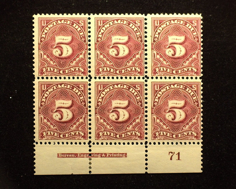 #J41 5c Postage Due Fresh plate block of 6. Imprint and PL#71. LH only in selvedge. Mint F+ LH - US Stamp