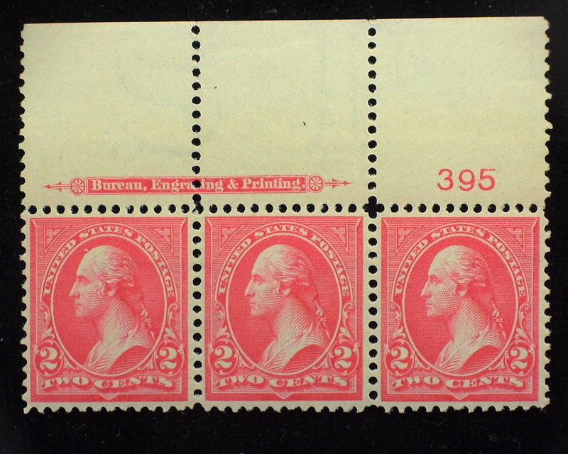 #267 Choice top margin strip of 3, imprint and PL#395. Mint Vf NH - US Stamp