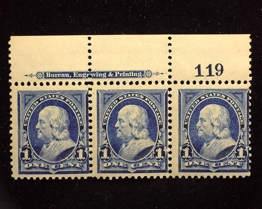 #264 Top margin strip of 3, imprint and PL#119. Mint F LH - US Stamp