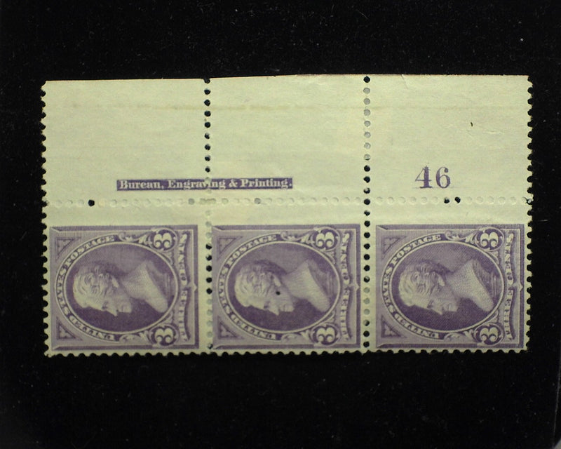 #253 Right margin strip of 3, imprint and PL#46. Mint F H - US Stamp