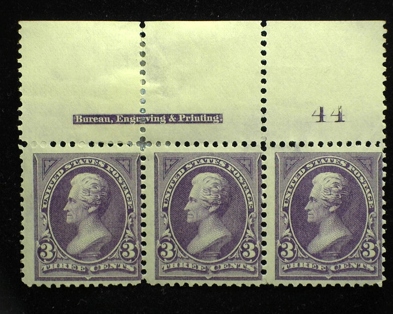 #253 Top margin strip of 3, imprint and PL#44. Mint F LH - US Stamp