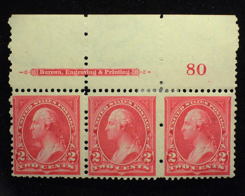 #265 Top margin strip of 3, imprint and PL#80. Mint F LH - US Stamp