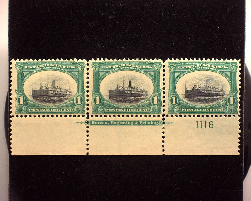 #294 1c Pan American Bottom margin strip of 3, imprint and PL#1116. Fresh and choice. Mint Vf NH - US Stamp