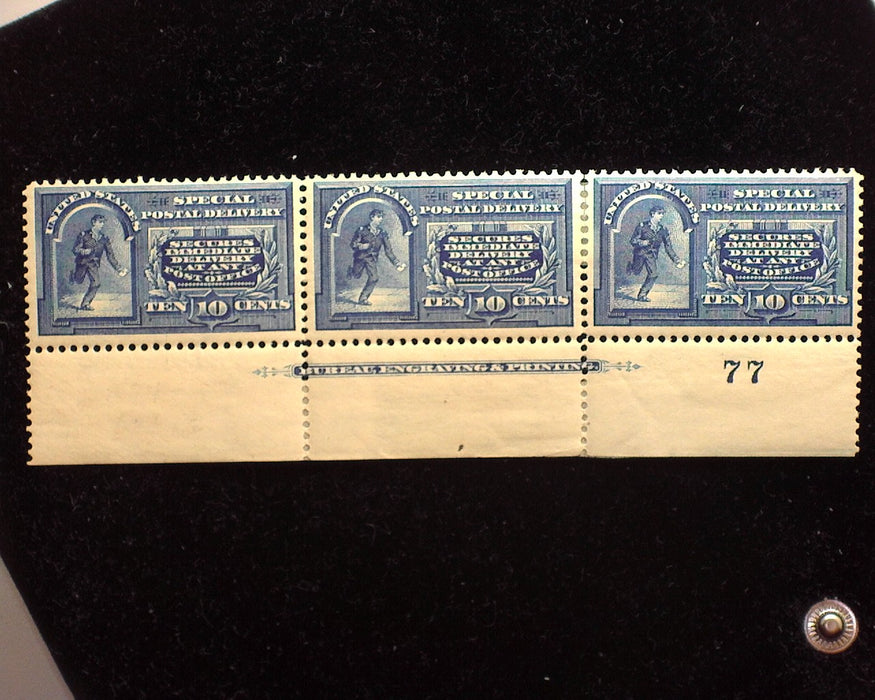 #E5 10c Special Delivery Bottom margin strip of 3, imprint and PL#77. Outstanding color and freshness, pretty show piece. Mint Vf LH - US Stamp