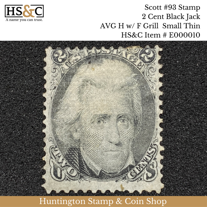 #93 Stamp - 2 Cent Black Jack - AVG H w/ F Grill  Small Thin US Stamp