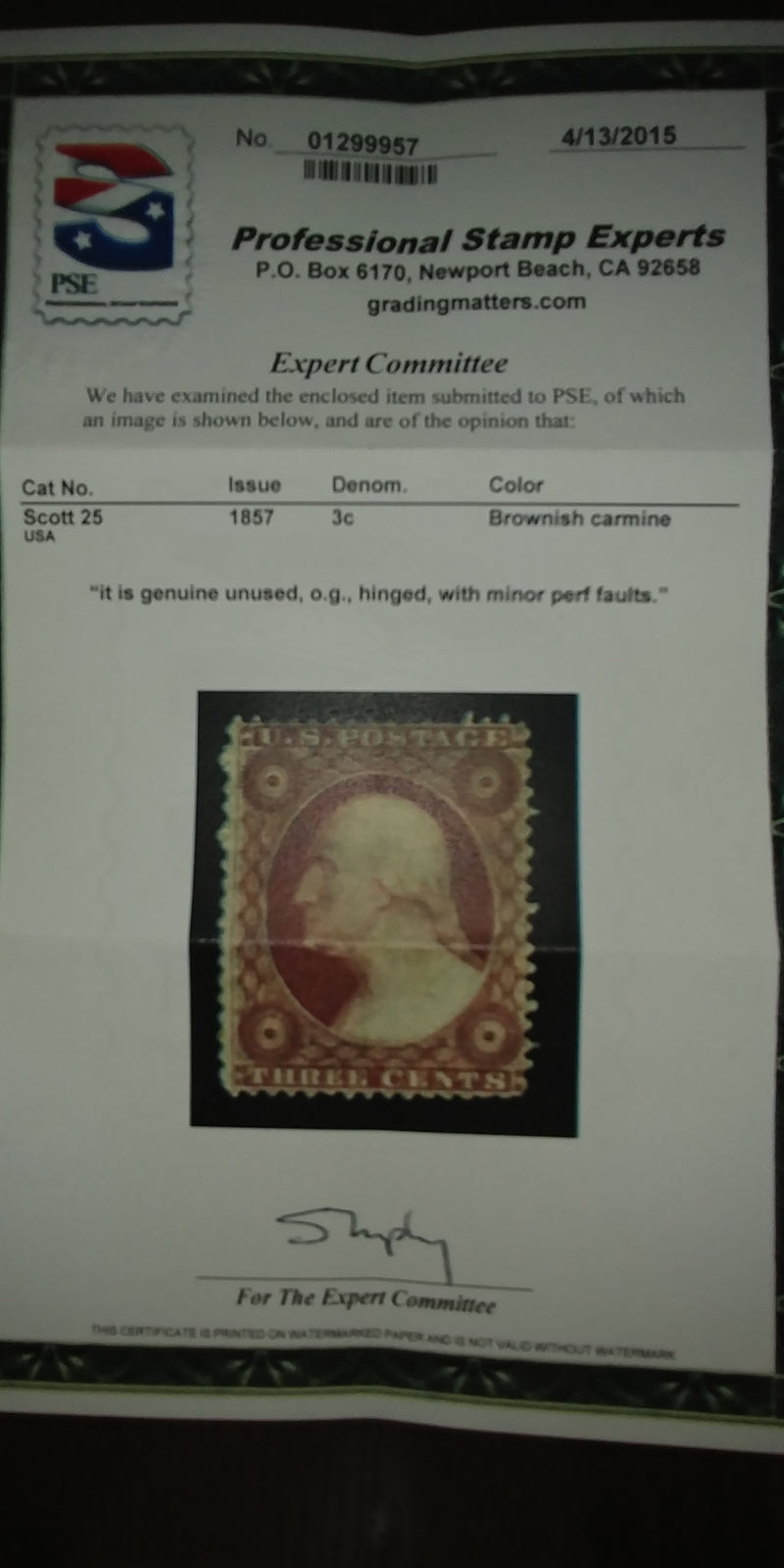 #25 4-15 PSE certificate stating minor perf faults. Mint F LH - US Stamp