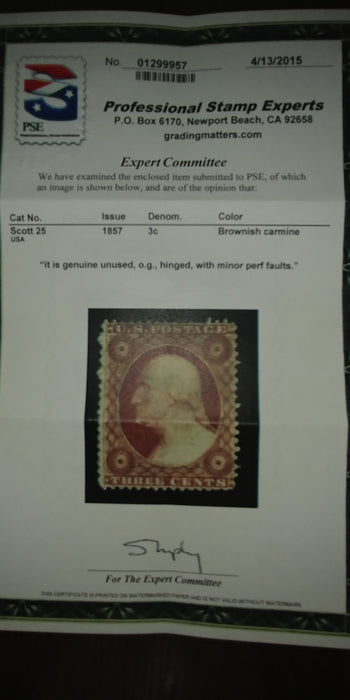 #25 4-15 PSE certificate stating minor perf faults. Mint F LH US Stamp