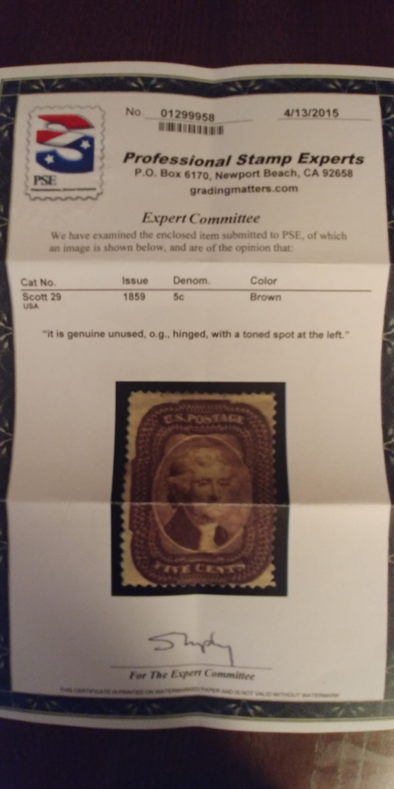 #29 4-15 PSE certificate stating a toned spot at left which is very faint. Mint F H - US Stamp