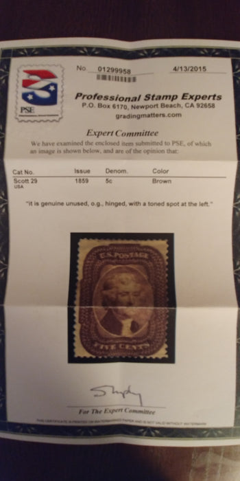 #29 4-15 PSE certificate stating a toned spot at left which is very faint. Mint F H US Stamp