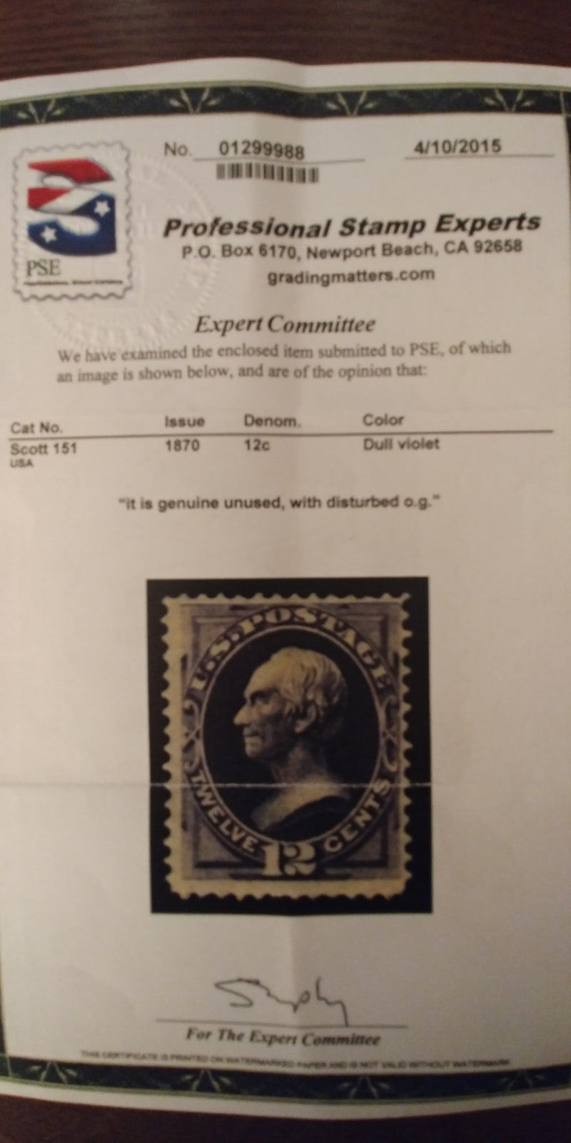 #151 4-15 PSE certificate stating disturbed o.g. which isn't that bad. Mint F/VF H - US Stamp