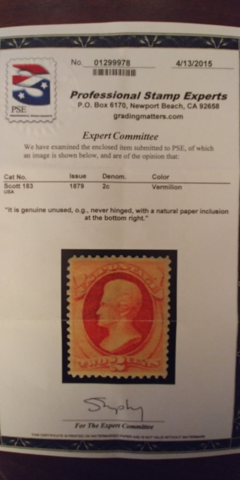#183 Mint 4-15 PSE certificate stating never hinged and natural paper inclusion at bottom right. Mint Vf/Xf NH - US Stamp