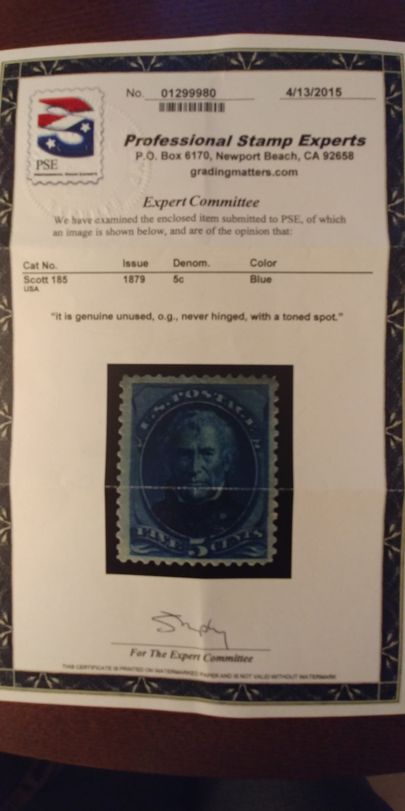 #185 4-15 PSE certificate stating NH with toned spot on back. Great color. Mint Vf/Xf NH - US Stamp