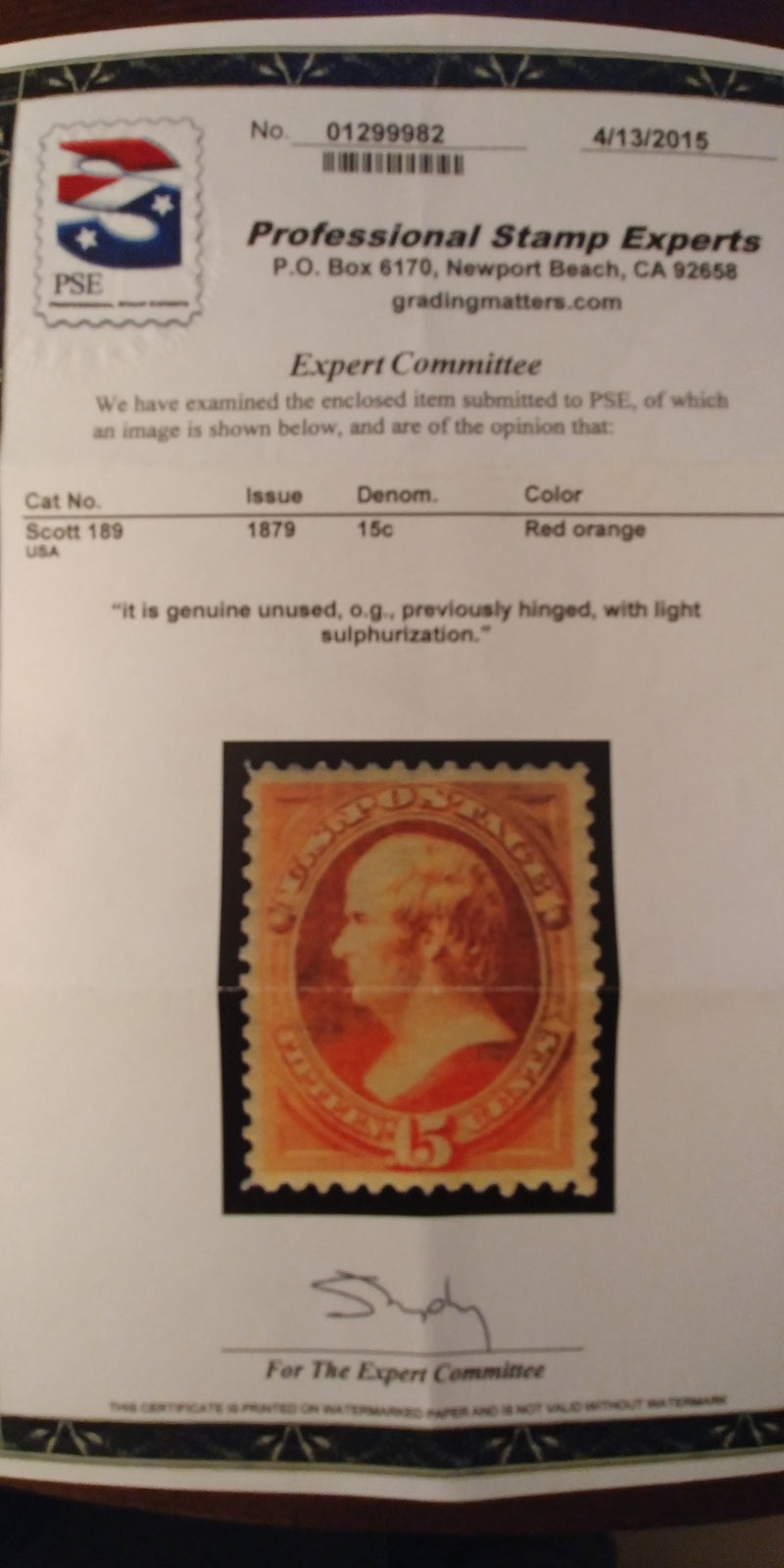 #189 4-15 PSE certificate stating light sulphurization. Mint Vf/Xf LH - US Stamp
