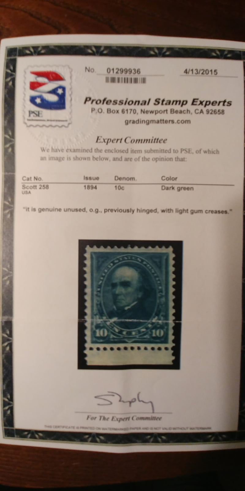 #258 Mint "Huge" margin stamp with 4-15 PSE stating light gum crease which e feel is extremely harsh. A beauty! XF LH US Stamp