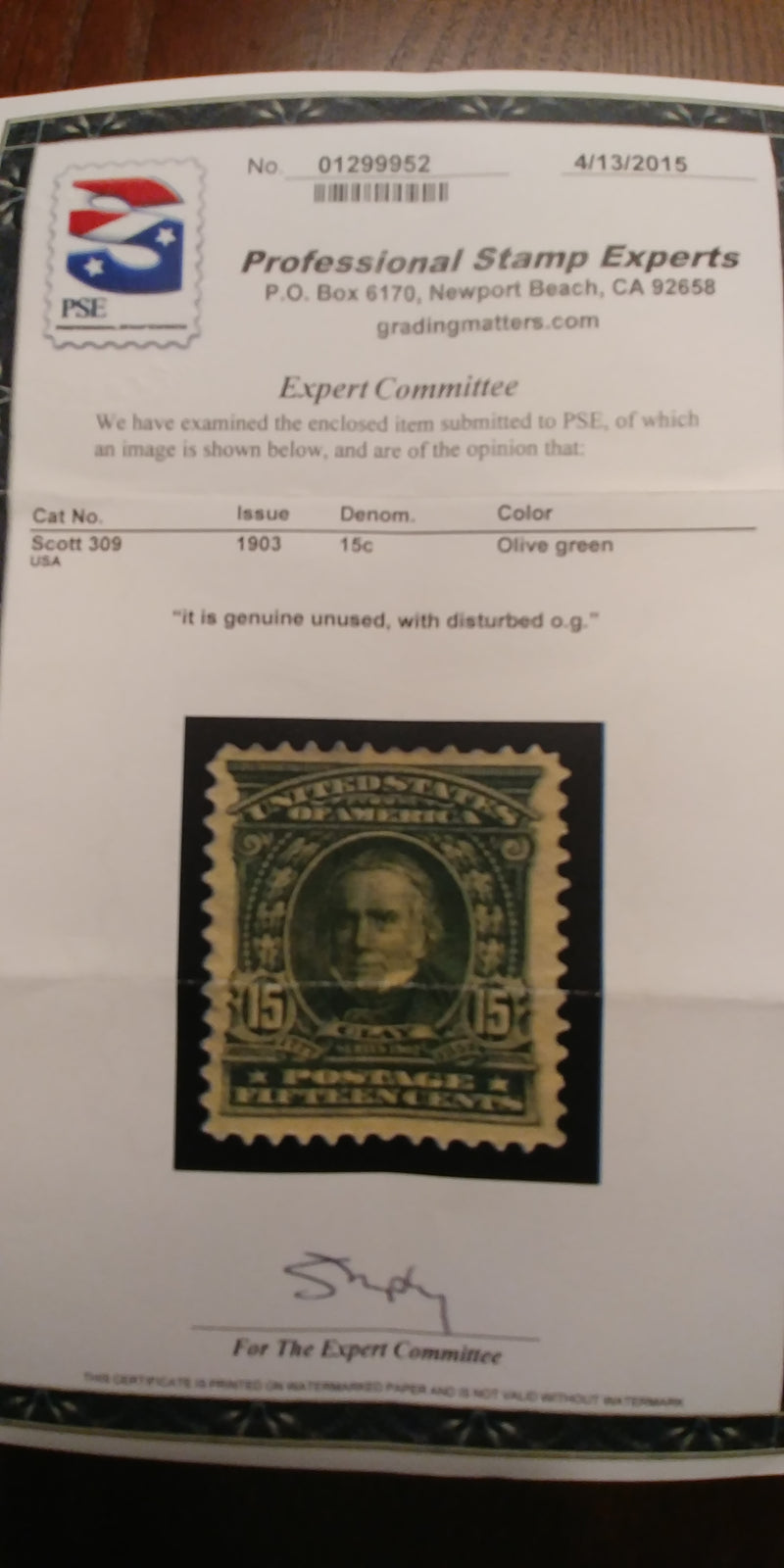 #309 4-15 PSE certificate stating disturbed o.g. Choice. Mint XF/S LH - US Stamp
