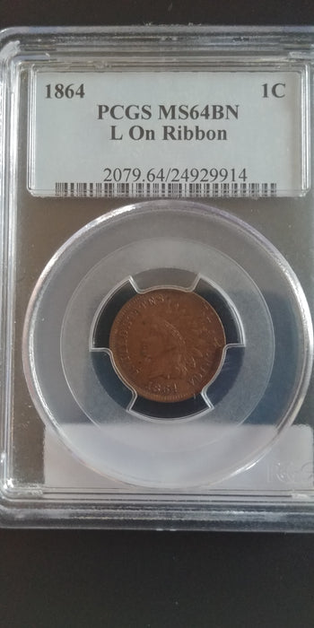 1864 Indian Head Penny/Cent PCGS MS64 BN L on ribbon - US Coin