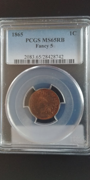 1865 Indian Head Penny/Cent PCGS MS65 RB Fancy 5 Mostly red - US Coin