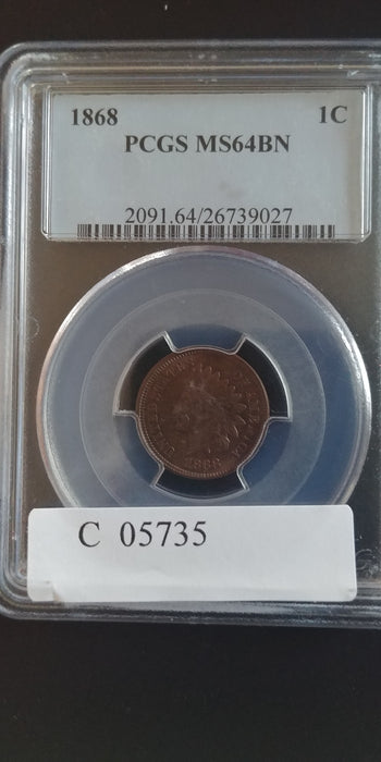 1868 Indian Head Penny/Cent PCGS MS64 BN - US Coin