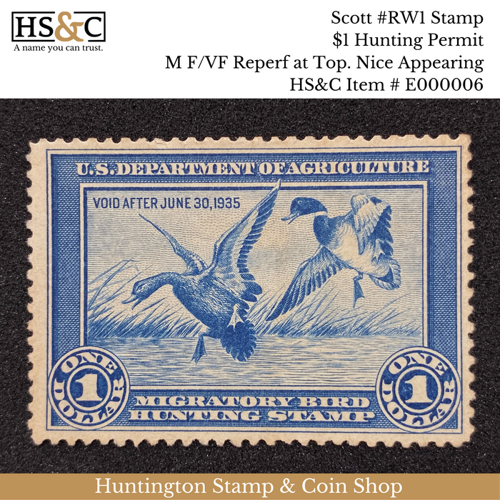 Scott RW1 Stamp M F/VF Reperf at Top. Nice Appearing Stamp