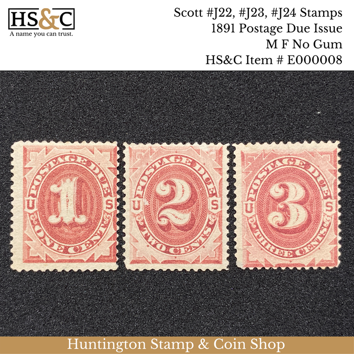 Scott J22/J23/J24 Stamps - Postage Due - M F No Gum
