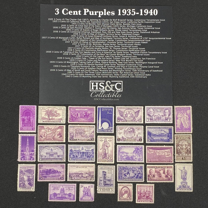 USPS 1935-1940 Three Cent Purple Commemorative Stamp Collection Gift Set US Stamp