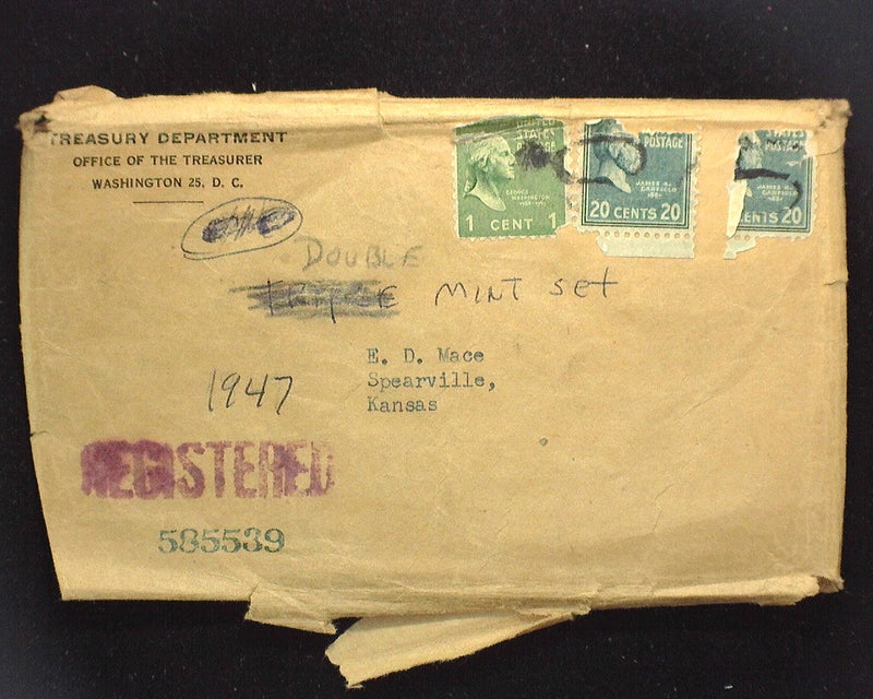 1947 Mint set Still in original envelope and cardboards, as mailed from the U.S. Mint. Double coins from all mints. Beautiful set nicely toned.