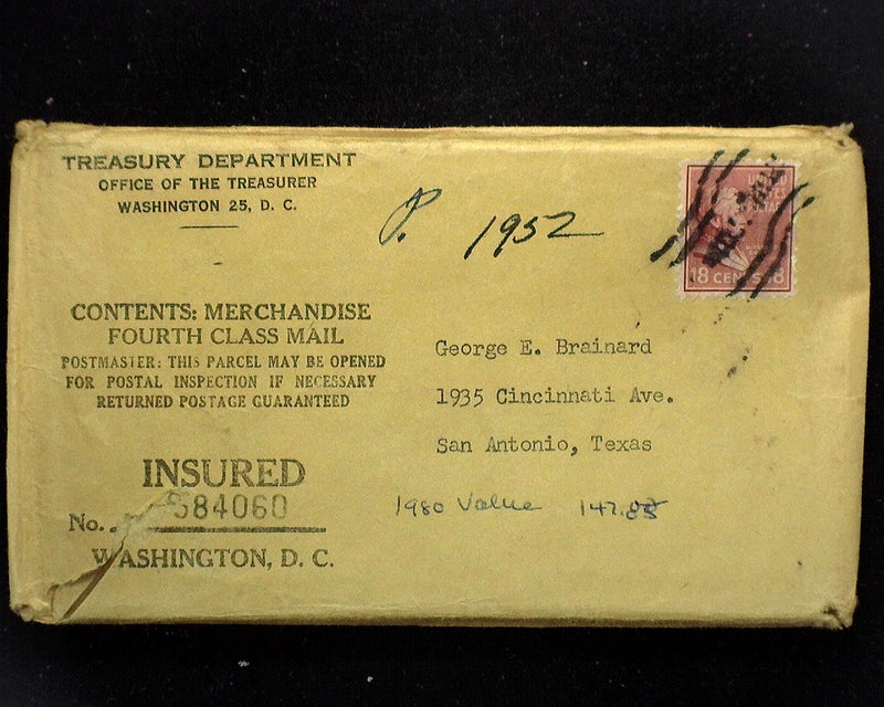 1952 Mint set still in the original envelope and cardboards as mailed from the U.S. Mint. Double coins from all the mints. Beautiful set.