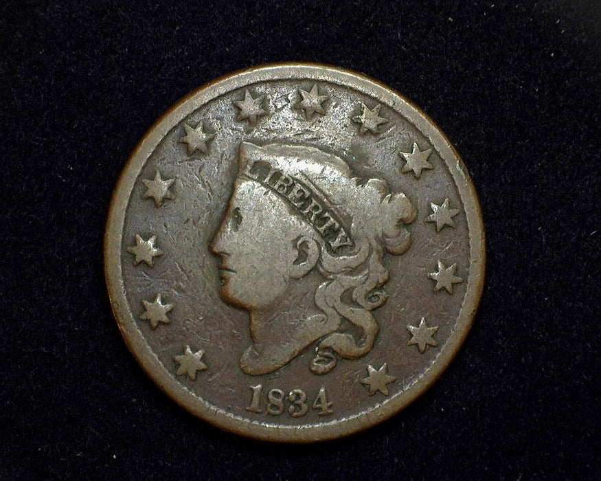 1834 Large Cent Coronet VG Sm 8 large stars - US Coin