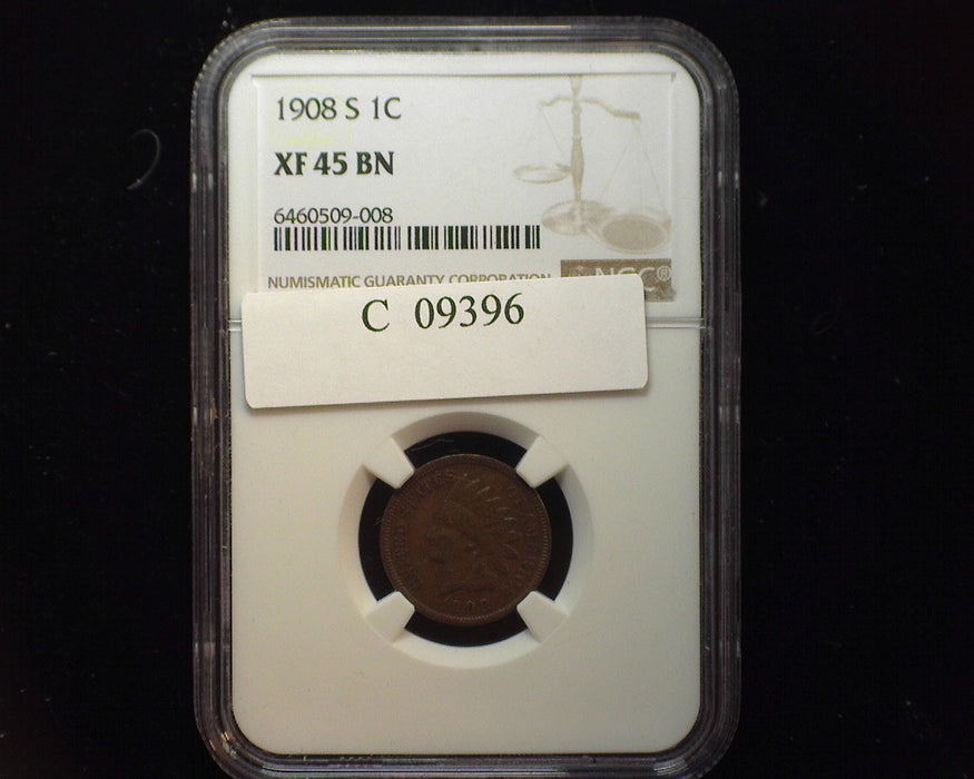 1908 S Indian Head Penny/Cent XF 45 BN NGC - US Coin