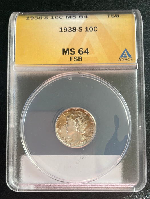 1938 S Mercury Dime ANACS MS 64 FSB - US Coin