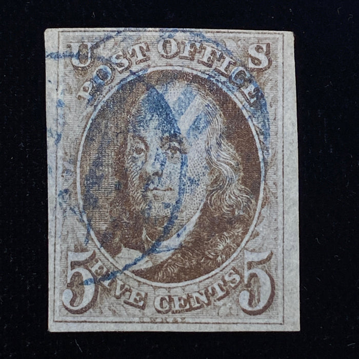 #1 Used Four margin stamp with rich color and crisp impression. Blue grid cancel. VF US Stamp
