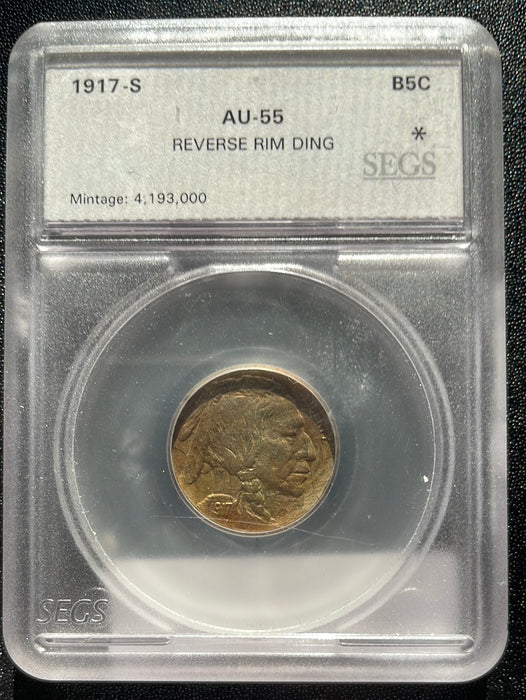 1917 S Buffalo Nickel SEGS AU 55 Reverse rim ding - US Coin