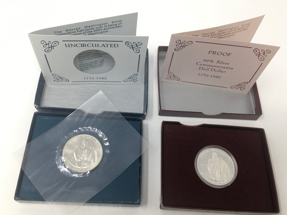 1982 S Proof & 1982 D Uncirculated Washington 90% Silver Half Dollars US Mint Commemorative Coins - US Coin