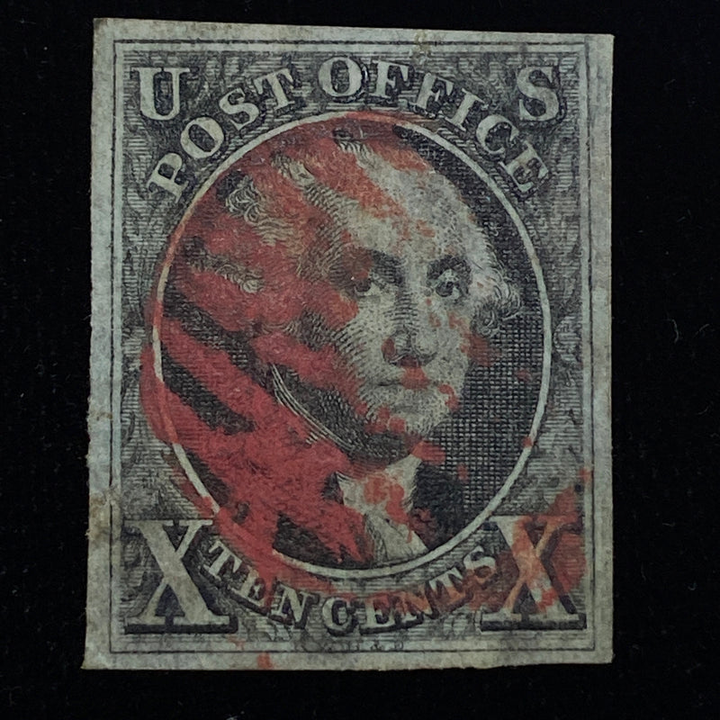#2 Large four margin stamp with intense color and sharp impression. Red grid cancel. XF Used - US Stamp