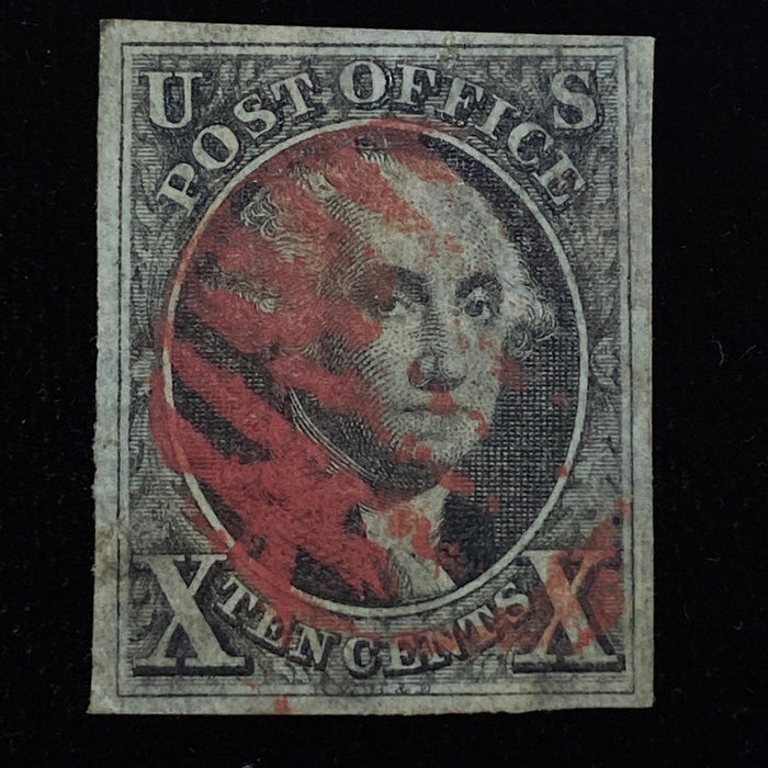 #2 Used Large four margin stamp with intense color and sharp impression. Red grid cancel. XF US Stamp