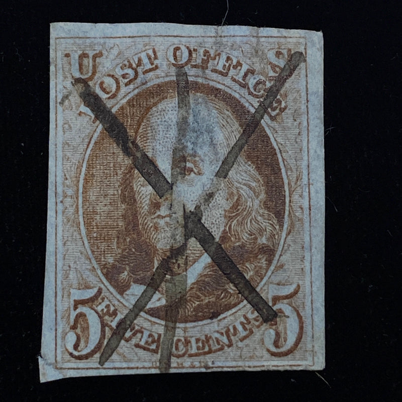 #1 Large four margin stamp with black Pen cancel. Small faults. Used - US Stamp