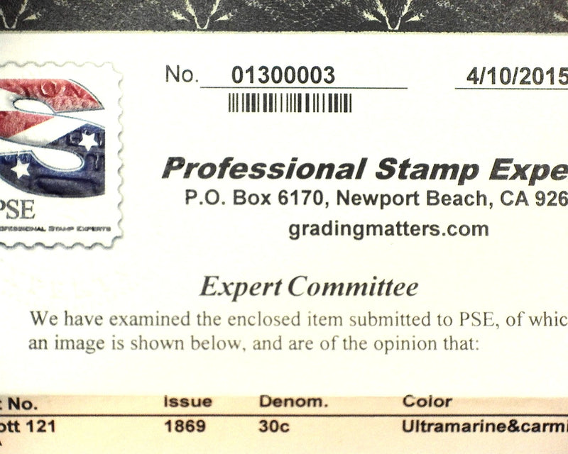 #121 4-15 PSE certificate stating disturbed o.g. which is relatively light. Good color. Mint F/VF H - US Stamp