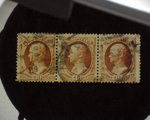 HS&C: US #217 Stamp Used Scarce horizontal strip of three. Right stamp with paper wrinkle. F