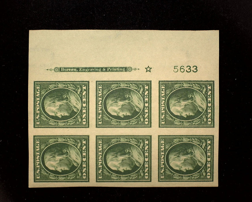#383 Mint 1 cent Franklin right margin block of six imprint and PL#5633 A Beauty! XF NH US Stamp