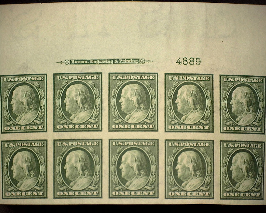 #343 Mint 1 cent Franklin top margin block of 10 imprint and PL#4889 A Gem! XF NH US Stamp