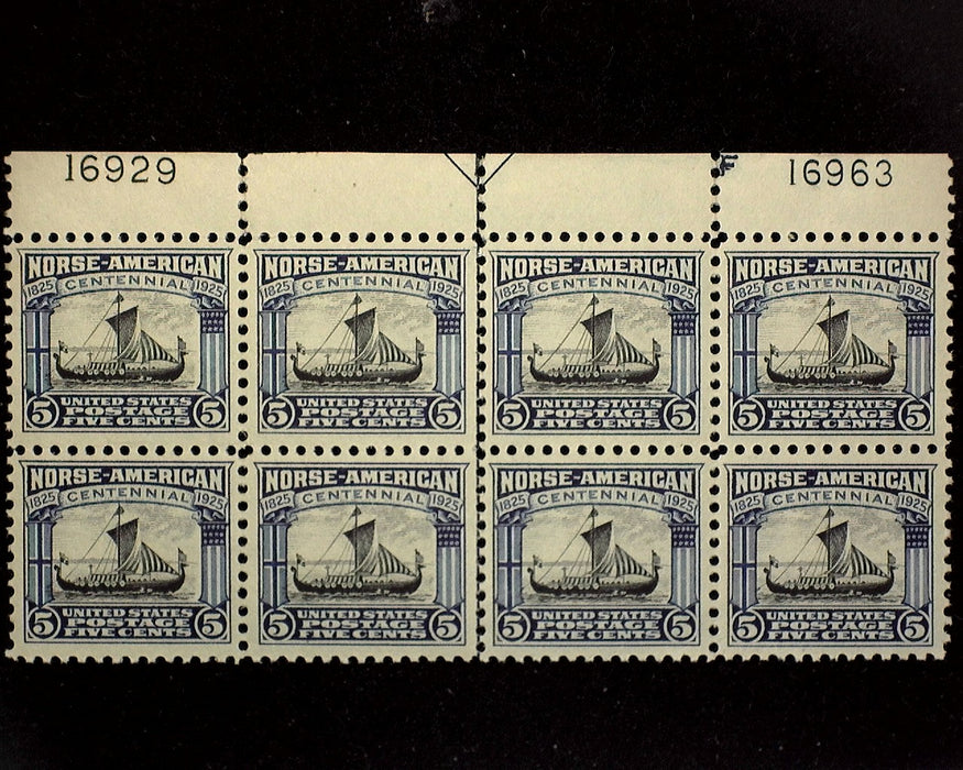 #621 Mint 5 cent Norse American plate block of eight PL#16929 and 16963 XF NH US Stamp