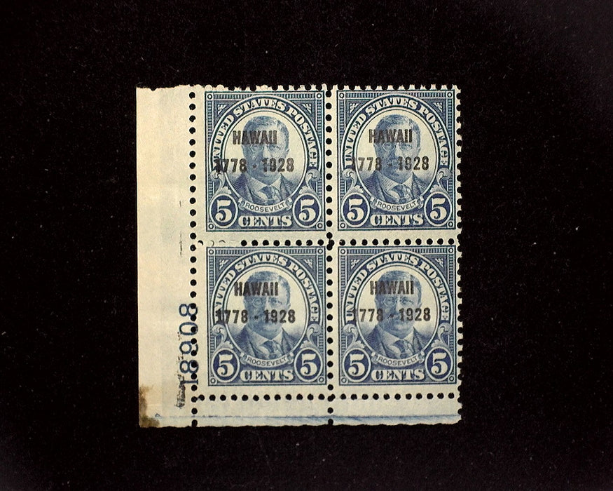#648 Mint 5 cent Hawaii plate block of four PL#18908 Gum soak in selvedge F H US Stamp