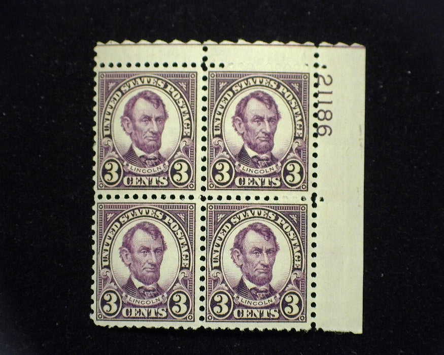 #635 Mint 3 cent Lincoln plate block of four PL#21186 F/VF NH US Stamp