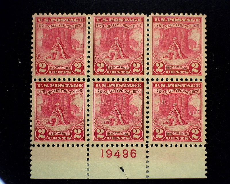 #645 Mint 2 cent Valley Forge plate block of six PL#19496 VF H US Stamp