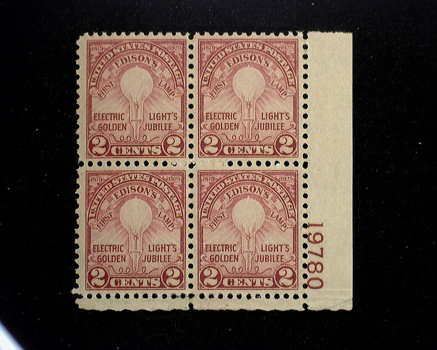 #655 Mint 2 cent Edison plate block of four PL#19780 Vf/Xf NH US Stamp