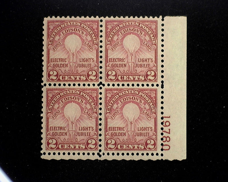 #655 Mint 2 cent Edison plate block of four PL#19780 F/VF LH US Stamp