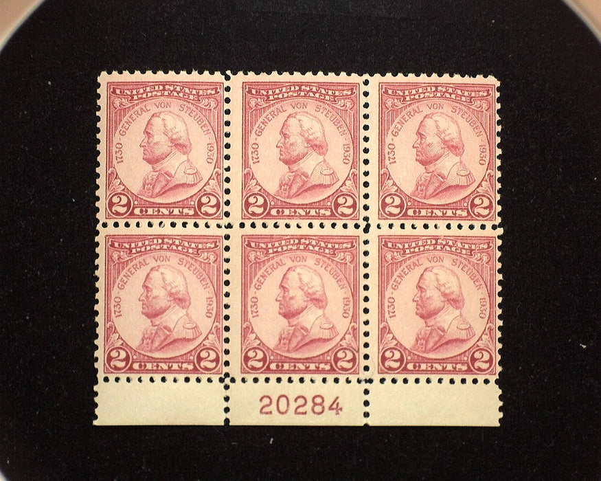 #689 Mint 2 cent Von Steuben plate block of six PL#20284 F/VF LH US Stamp