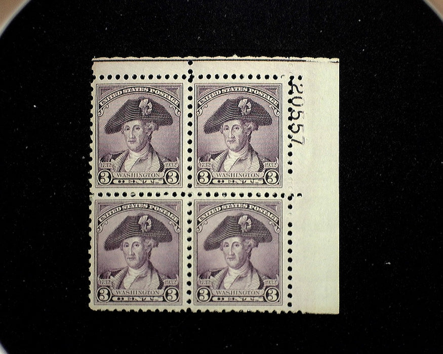 #708 Mint 3 cent Washington Bicentennial plate block of four PL#20557 F/VF NH US Stamp