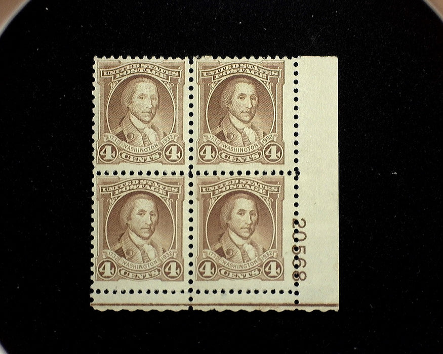 #709 Mint 4 cent Washington Bicentennial plate block of four PL#20568 F/VF NH US Stamp